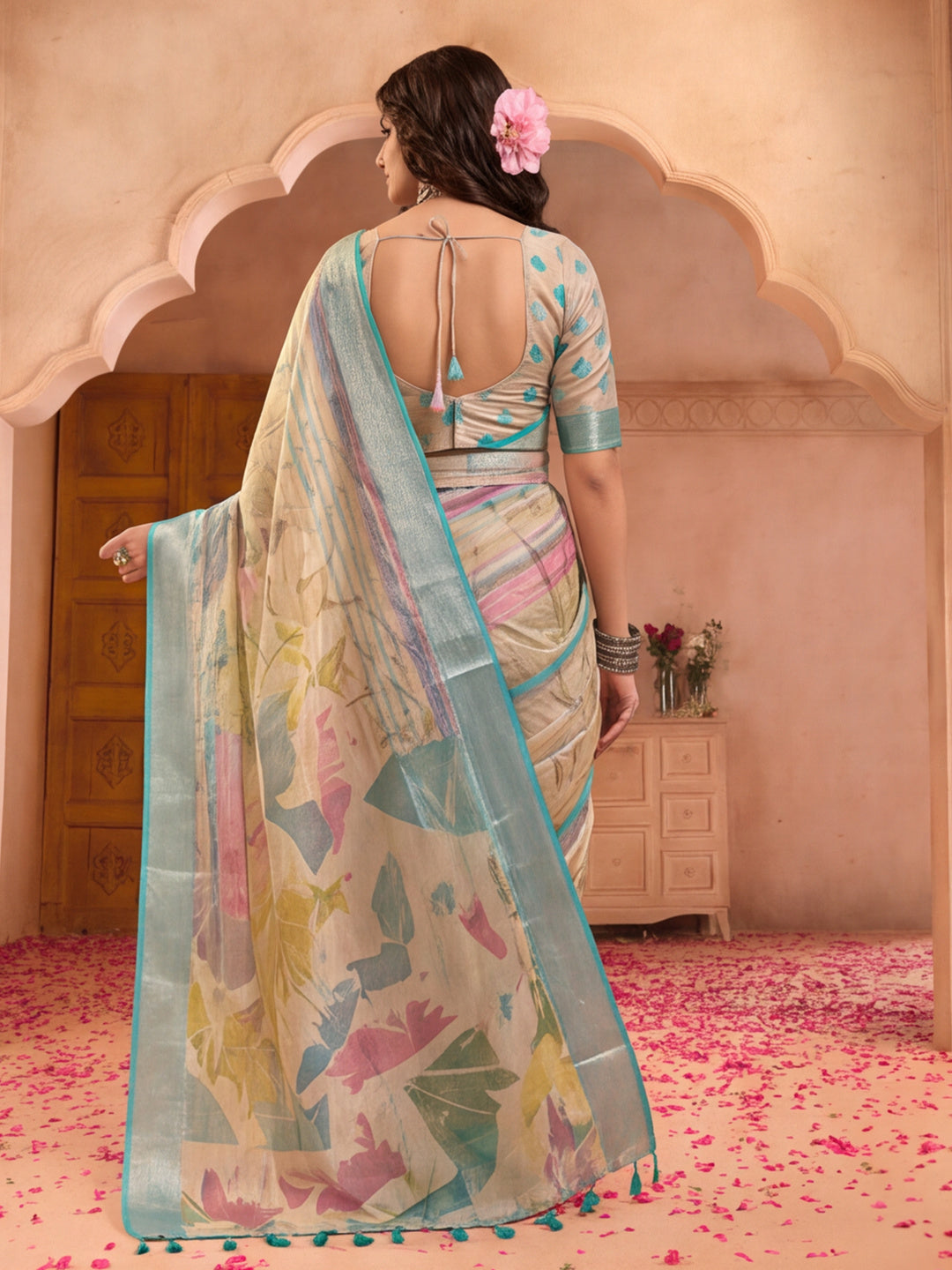 Aqua Gold Striped Linen Silver Zari Saree with Digital Print & Highlighted Belt