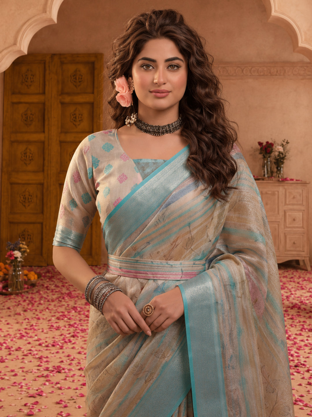 Aqua Gold Striped Linen Silver Zari Saree with Digital Print & Highlighted Belt