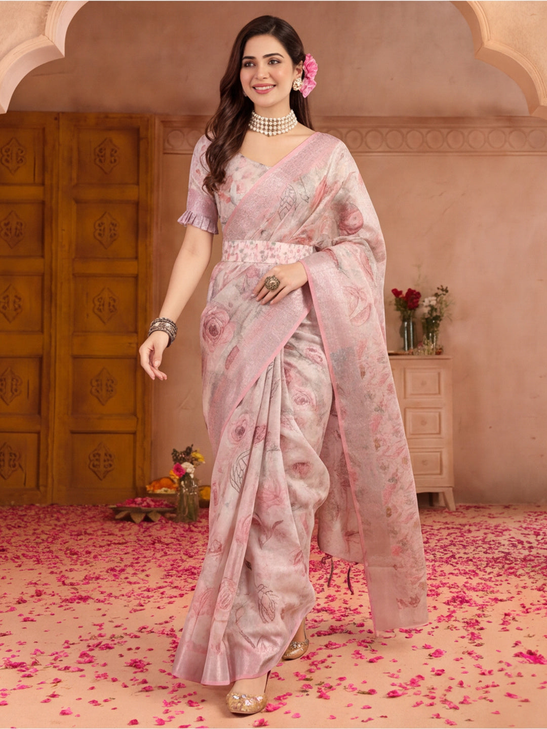 Elegant Linen Silver Zari Digital Print Saree with Tassel Pallu & Designer Belt