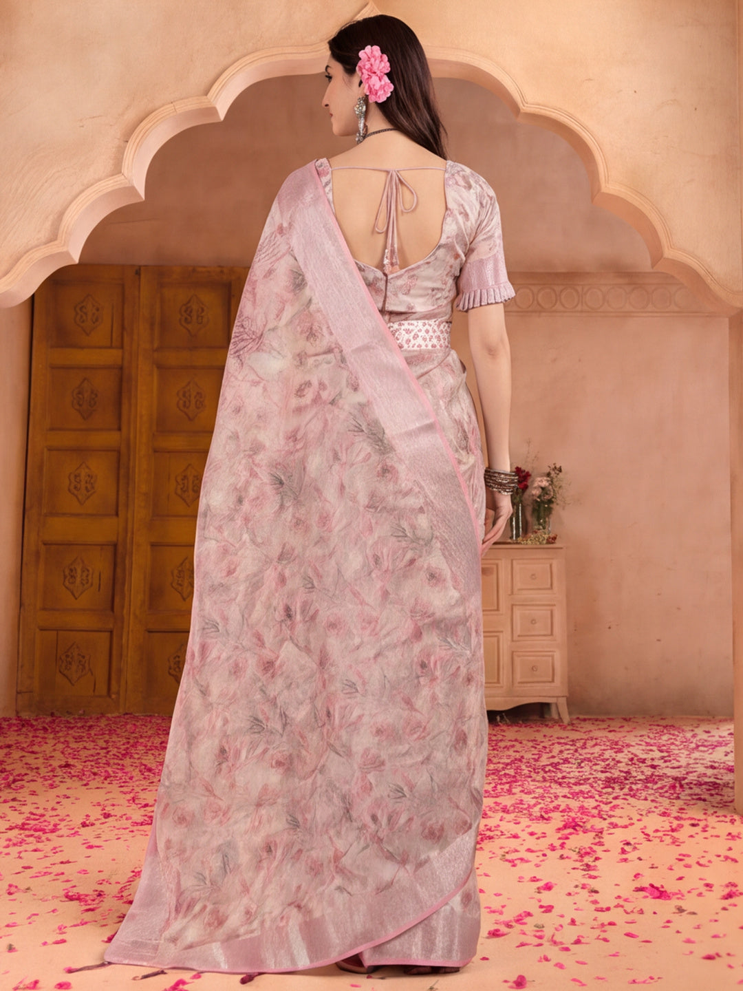 Elegant Linen Silver Zari Digital Print Saree with Tassel Pallu & Designer Belt