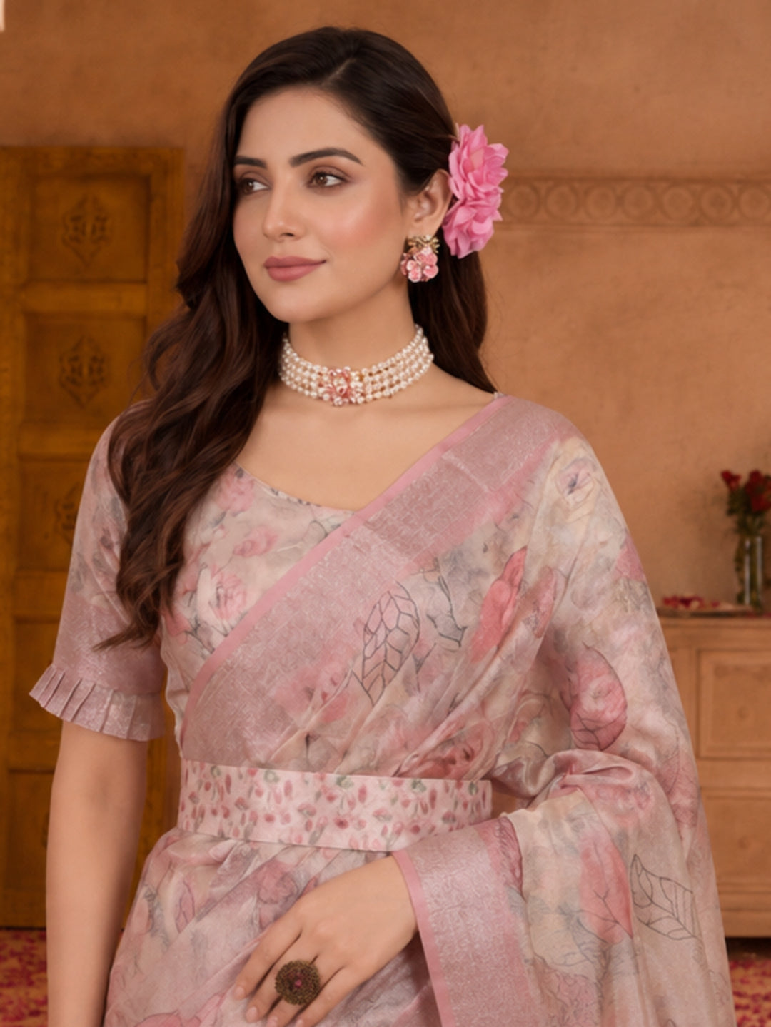 Elegant Linen Silver Zari Digital Print Saree with Tassel Pallu & Designer Belt