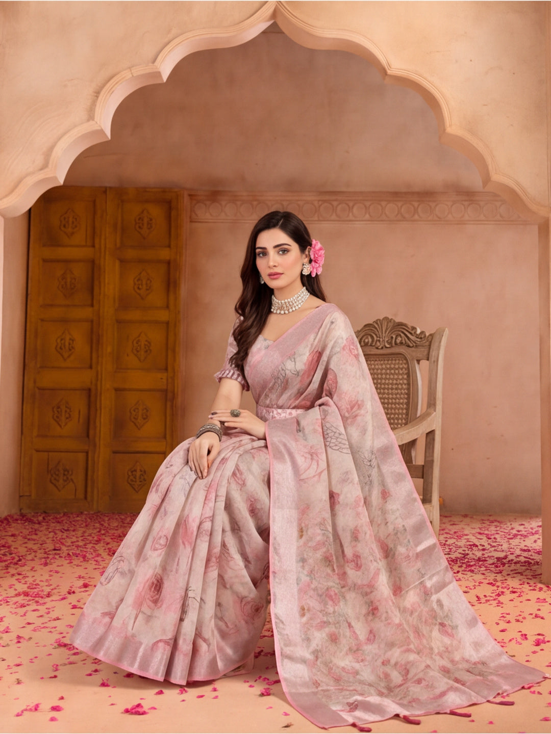 Elegant Linen Silver Zari Digital Print Saree with Tassel Pallu & Designer Belt