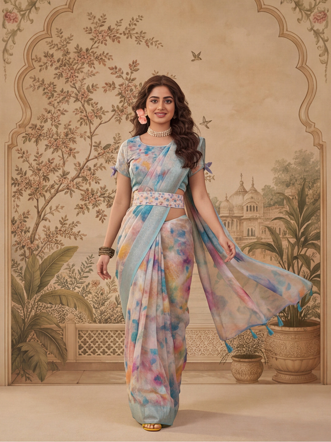 Linen Silver Zari Multi-Color Digital Print Saree with Latkan Pallu & Designer Belt