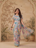 Linen Silver Zari Multi-Color Digital Print Saree with Latkan Pallu & Designer Belt