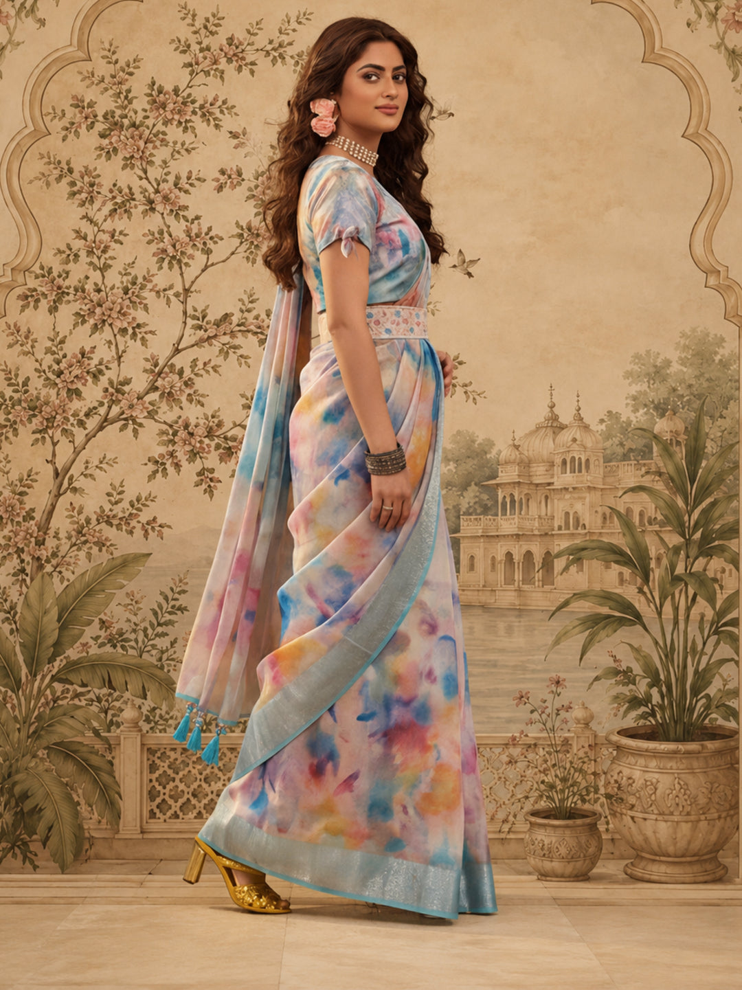 Linen Silver Zari Multi-Color Digital Print Saree with Latkan Pallu & Designer Belt