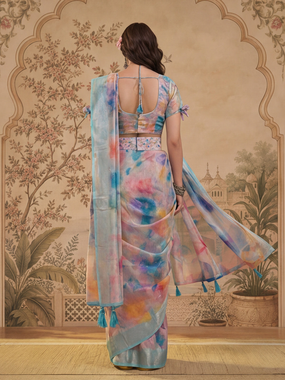 Linen Silver Zari Multi-Color Digital Print Saree with Latkan Pallu & Designer Belt