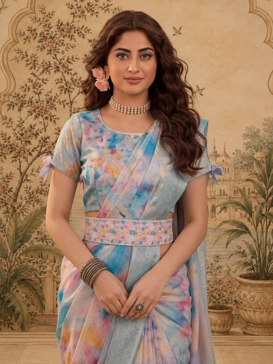 Linen Silver Zari Multi-Color Digital Print Saree with Latkan Pallu & Designer Belt