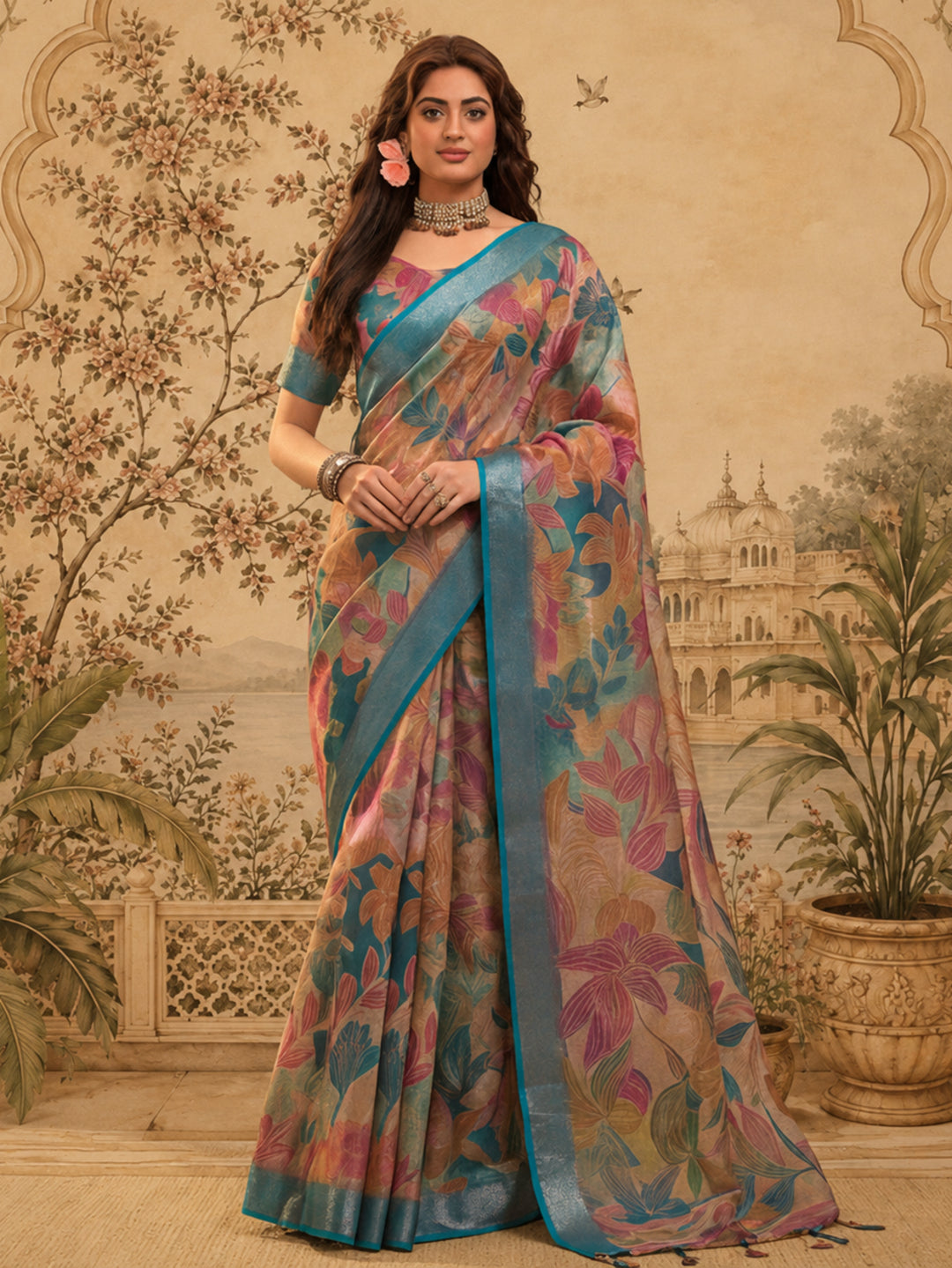Multicolour Linen Zari Digital Print Saree with Belt Fancy Zari Border Designer Festive Saree