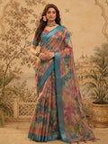 Multicolour Linen Zari Digital Print Saree with Belt Fancy Zari Border Designer Festive Saree