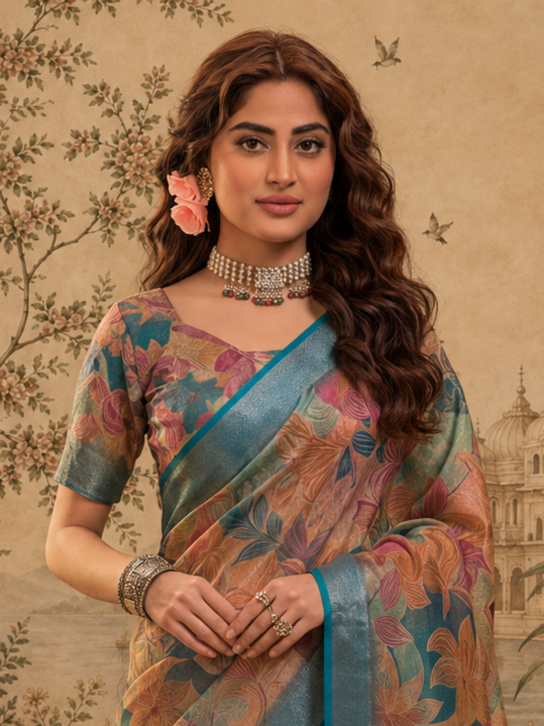 Multicolour Linen Zari Digital Print Saree with Belt Fancy Zari Border Designer Festive Saree