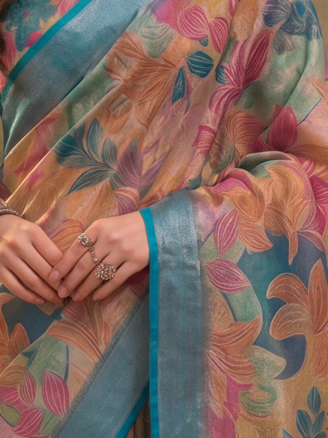 Multicolour Linen Zari Digital Print Saree with Belt Fancy Zari Border Designer Festive Saree
