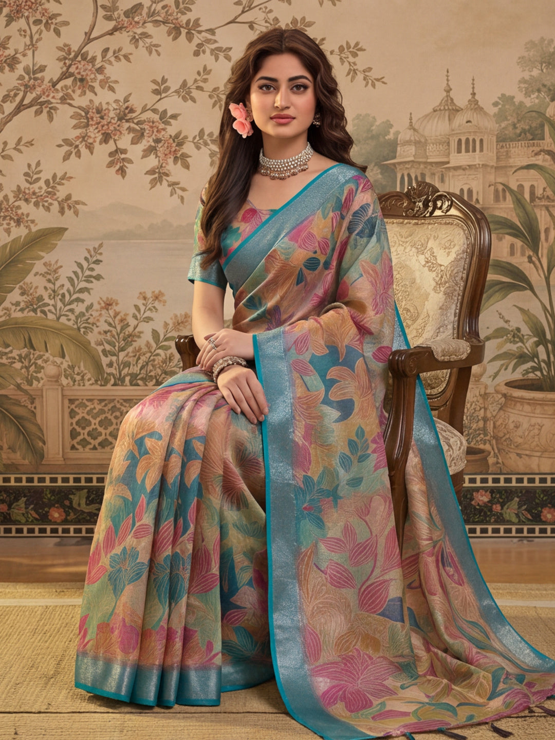 Multicolour Linen Zari Digital Print Saree with Belt Fancy Zari Border Designer Festive Saree