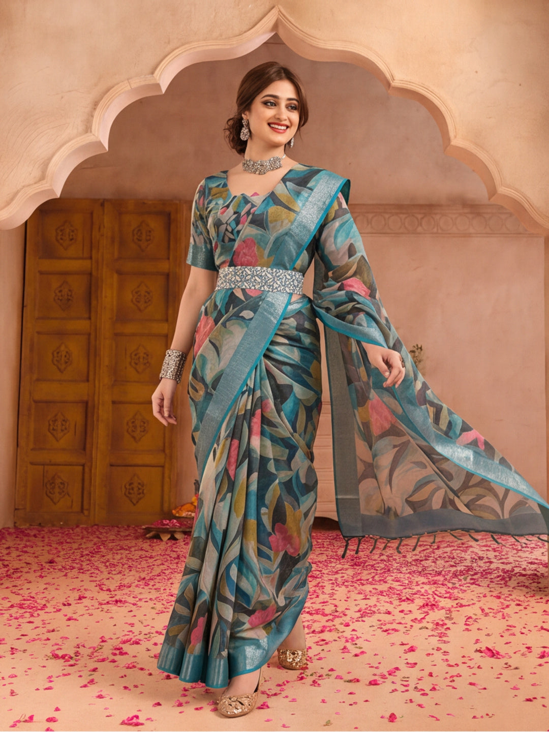Teal Linen Zari Digital Print Saree with Belt Fancy Multicolour Print Zari Border Festive Saree