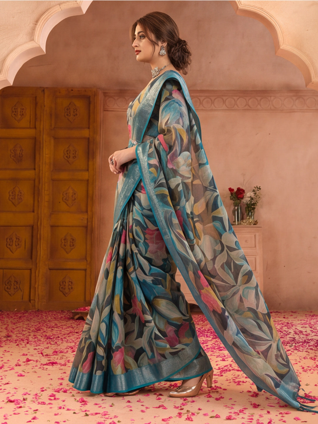 Teal Linen Zari Digital Print Saree with Belt Fancy Multicolour Print Zari Border Festive Saree