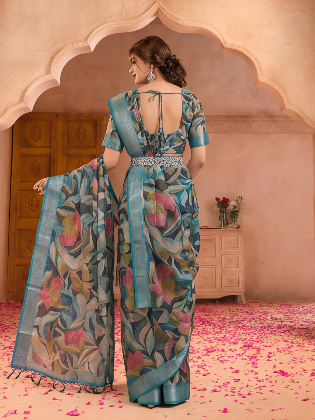Teal Linen Zari Digital Print Saree with Belt Fancy Multicolour Print Zari Border Festive Saree
