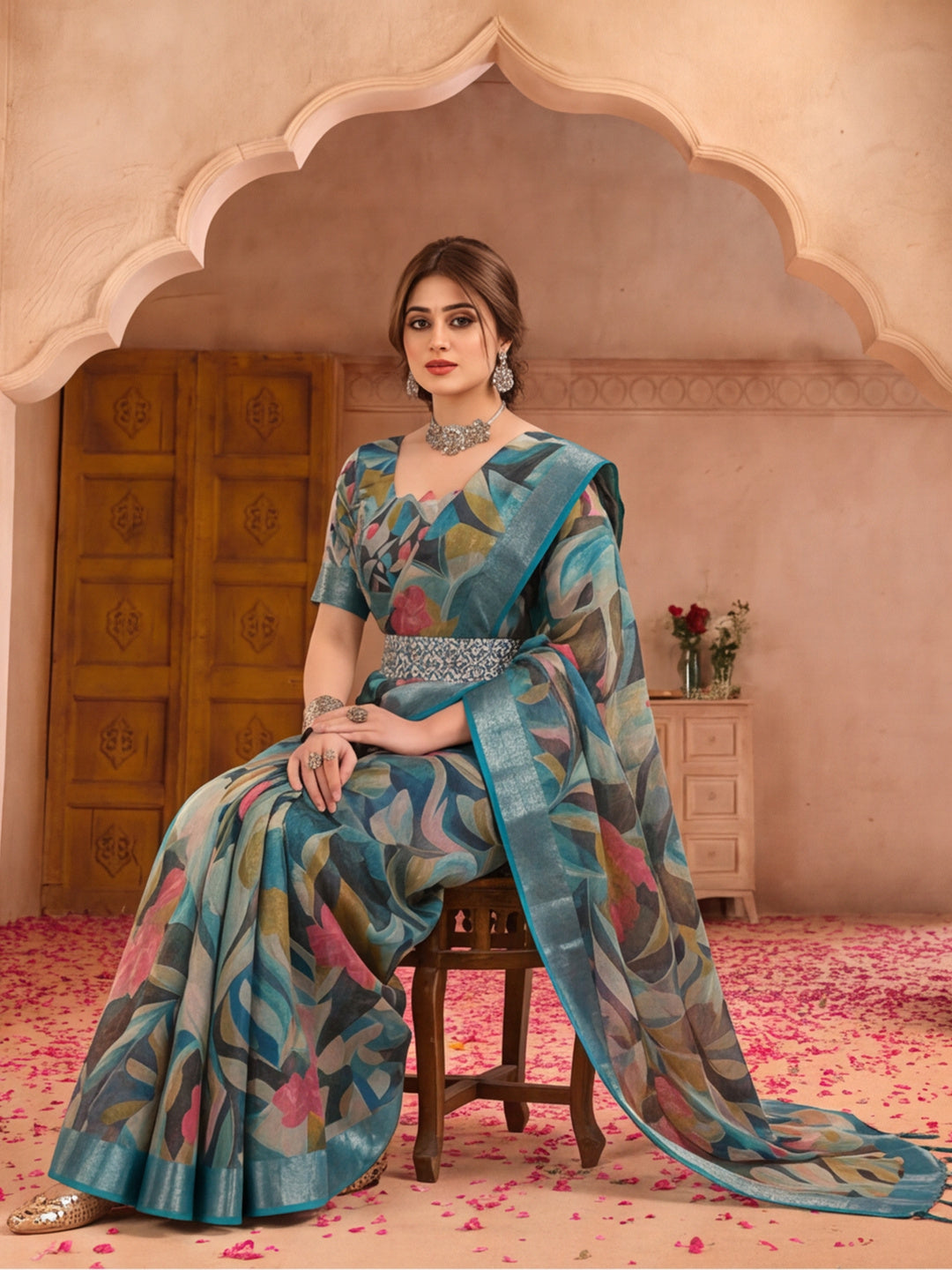 Teal Linen Zari Digital Print Saree with Belt Fancy Multicolour Print Zari Border Festive Saree