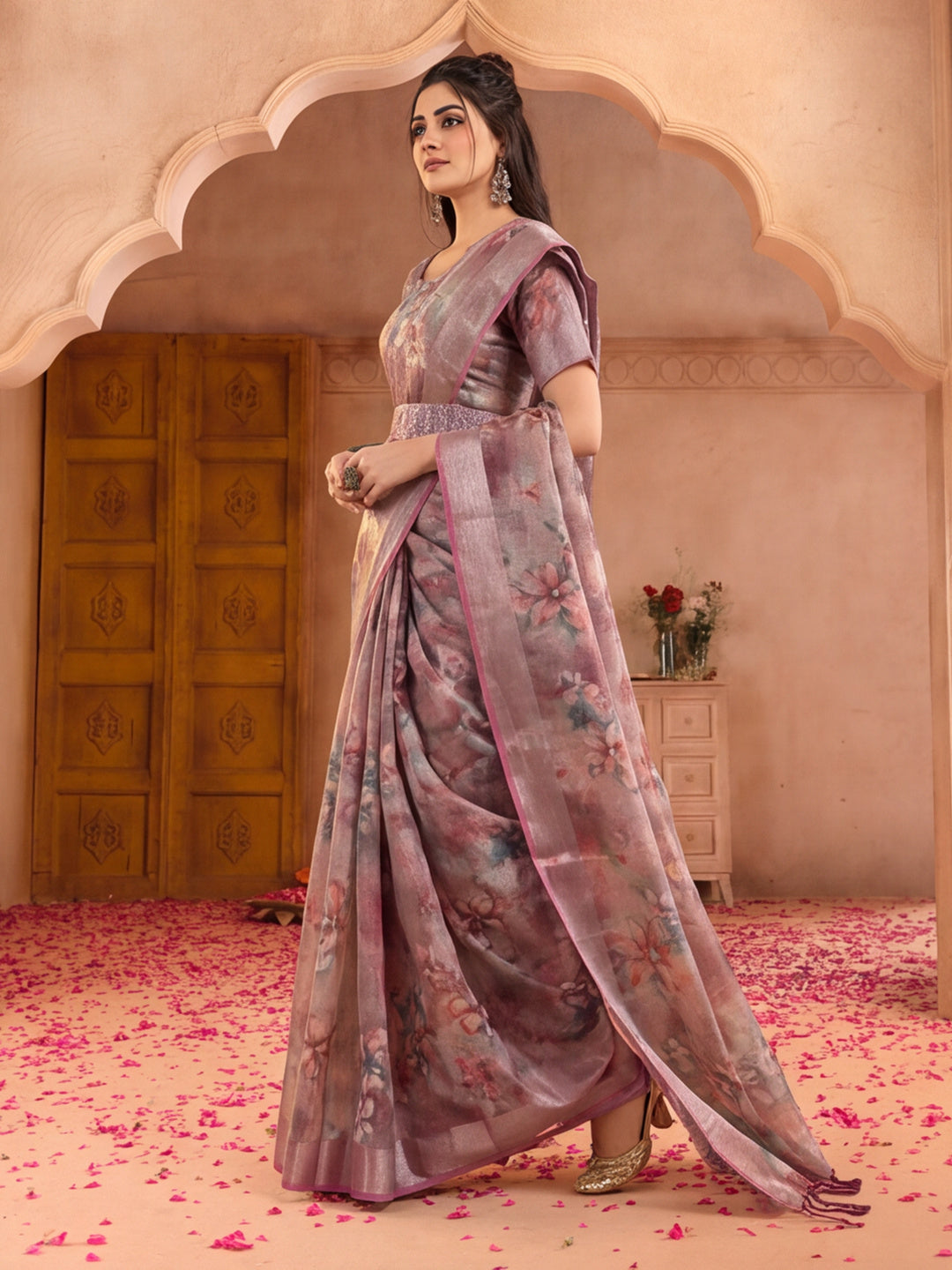 Dusty Pink Linen Zari Digital Print Saree with Belt Floral Print Zari Border Designer Festive Saree