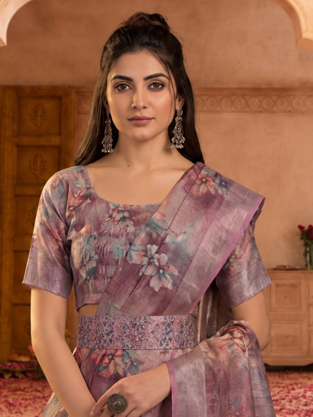 Dusty Pink Linen Zari Digital Print Saree with Belt Floral Print Zari Border Designer Festive Saree