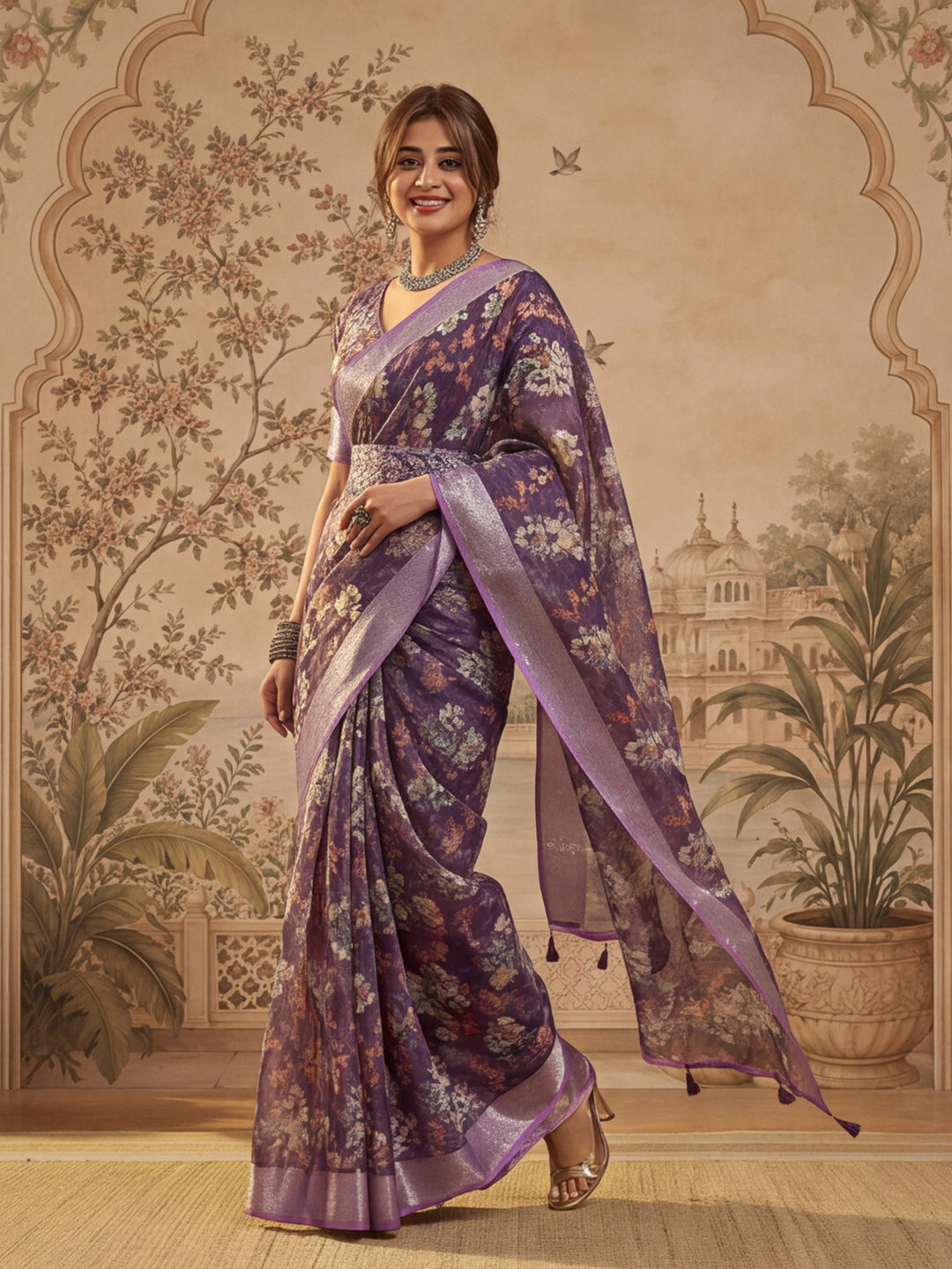 Purple Linen Zari Digital Print Saree with Belt Floral Print Fancy Zari Border Festive Wear Saree