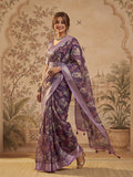 Purple Linen Zari Digital Print Saree with Belt Floral Print Fancy Zari Border Festive Wear Saree