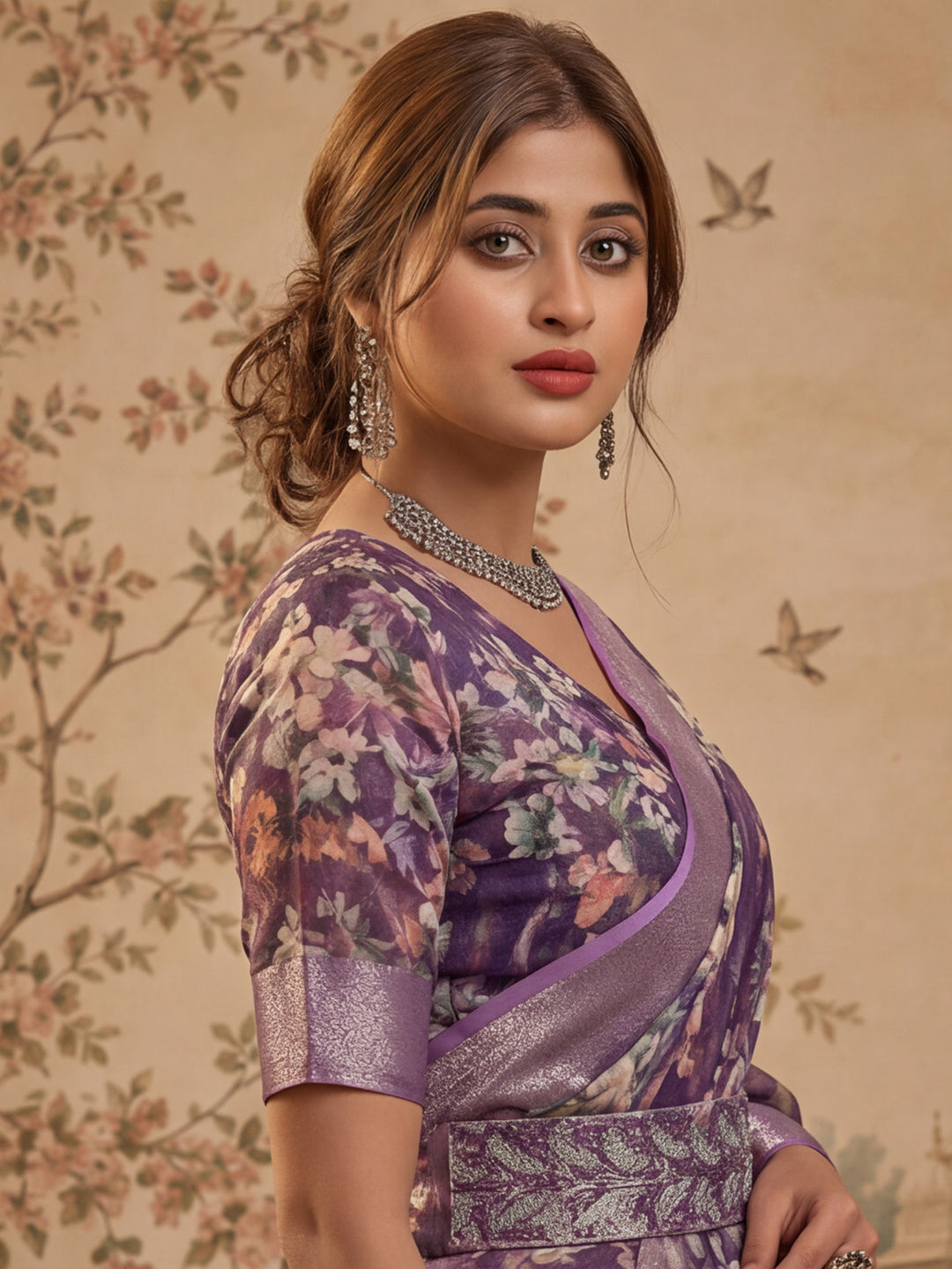 Purple Linen Zari Digital Print Saree with Belt Floral Print Fancy Zari Border Festive Wear Saree