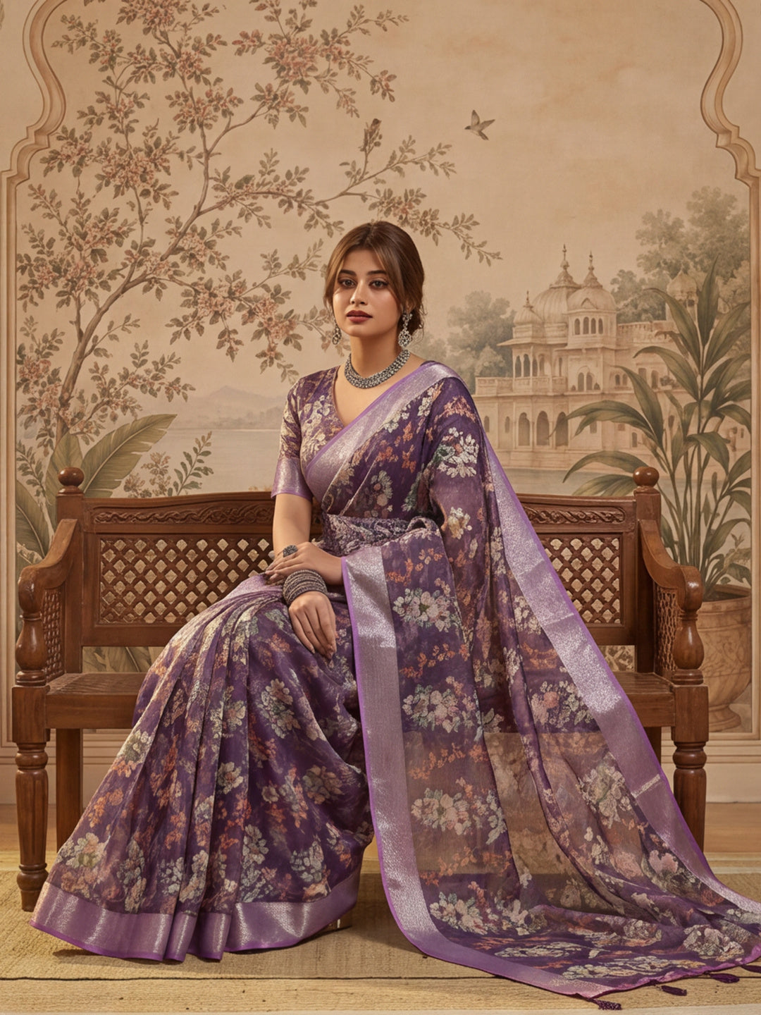 Purple Linen Zari Digital Print Saree with Belt Floral Print Fancy Zari Border Festive Wear Saree