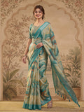 Teal Marble Print Linen Zari Saree with Belt Fancy Digital Print Zari Border Festive Wear Saree