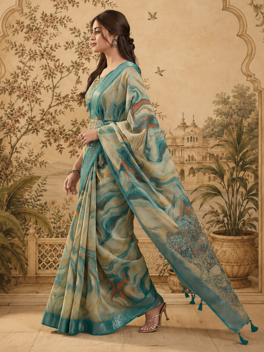 Teal Marble Print Linen Zari Saree with Belt Fancy Digital Print Zari Border Festive Wear Saree