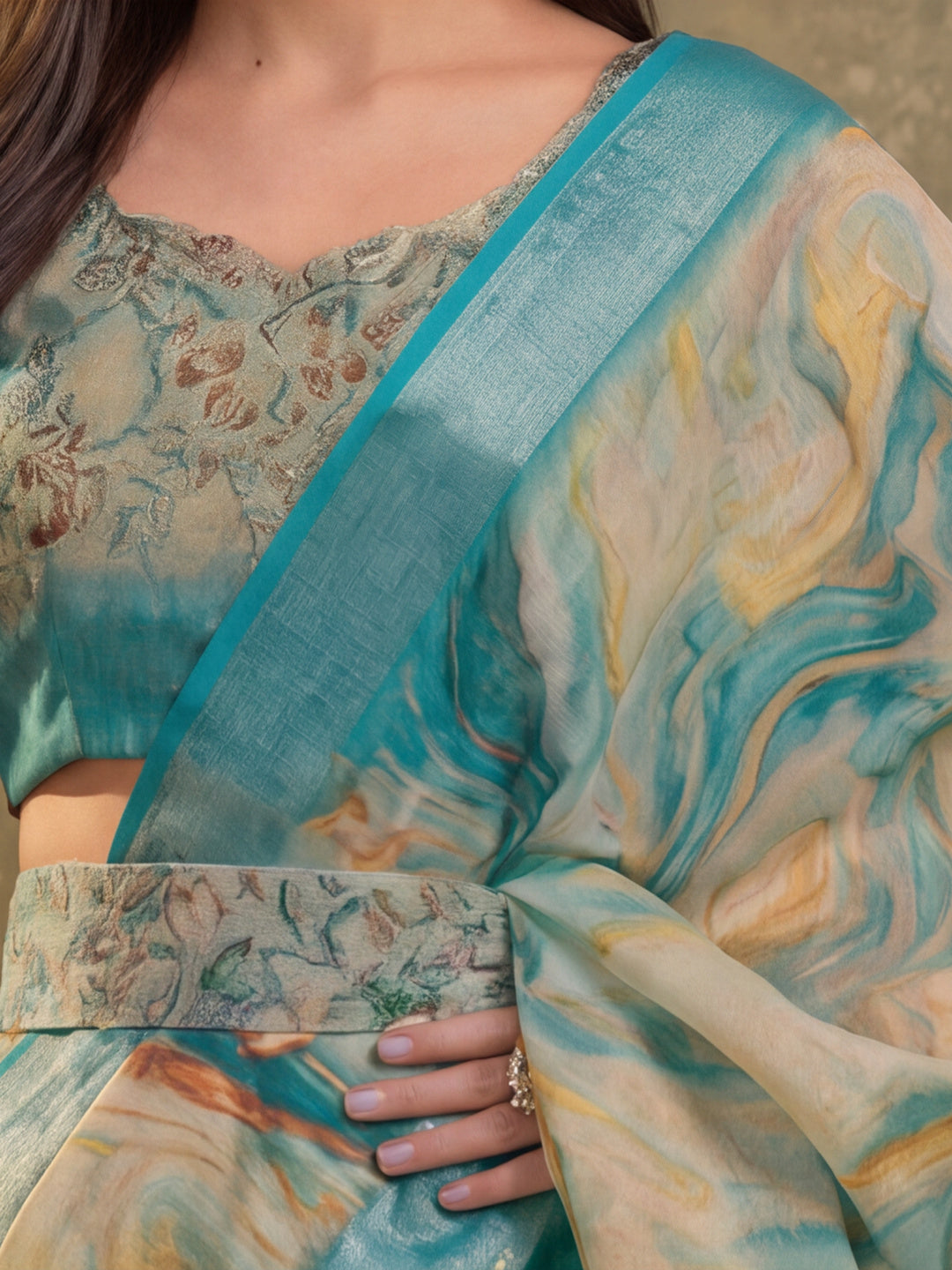 Teal Marble Print Linen Zari Saree with Belt Fancy Digital Print Zari Border Festive Wear Saree