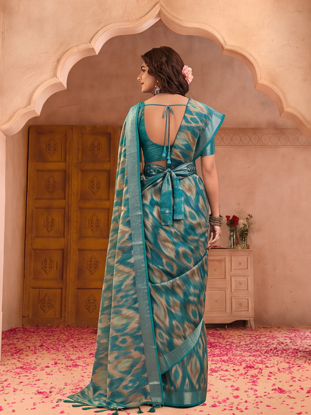Teal Ikat Print Linen Zari Saree with Belt Digital Print Zari Border Festive Party Wear Saree