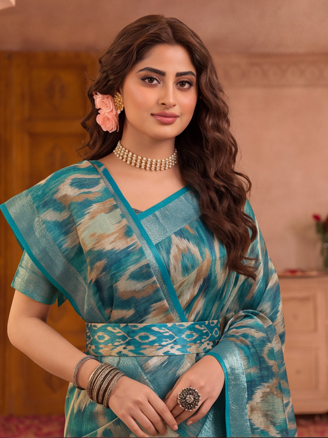 Teal Ikat Print Linen Zari Saree with Belt Digital Print Zari Border Festive Party Wear Saree