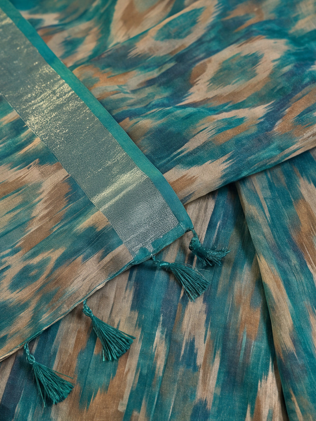 Teal Ikat Print Linen Zari Saree with Belt Digital Print Zari Border Festive Party Wear Saree