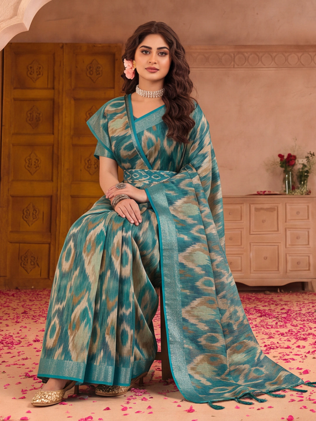 Teal Ikat Print Linen Zari Saree with Belt Digital Print Zari Border Festive Party Wear Saree