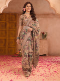 Beige Leaf Print Linen Zari Saree with Belt Fancy Digital Print Zari Border Festive Casual Saree