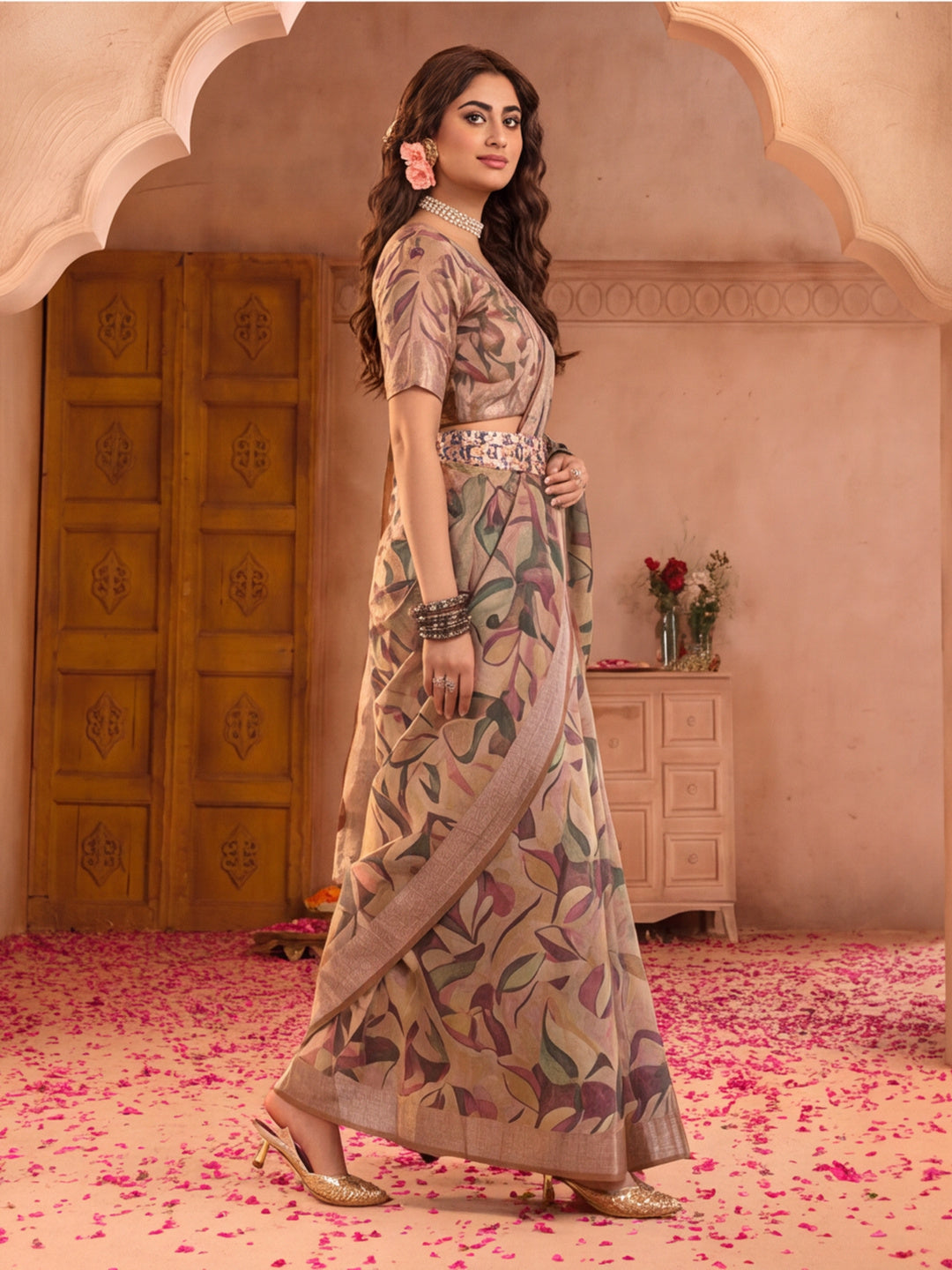 Beige Leaf Print Linen Zari Saree with Belt Fancy Digital Print Zari Border Festive Casual Saree