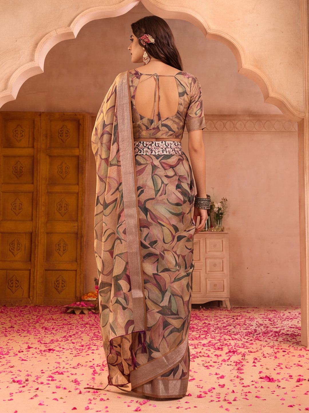 Beige Leaf Print Linen Zari Saree with Belt Fancy Digital Print Zari Border Festive Casual Saree