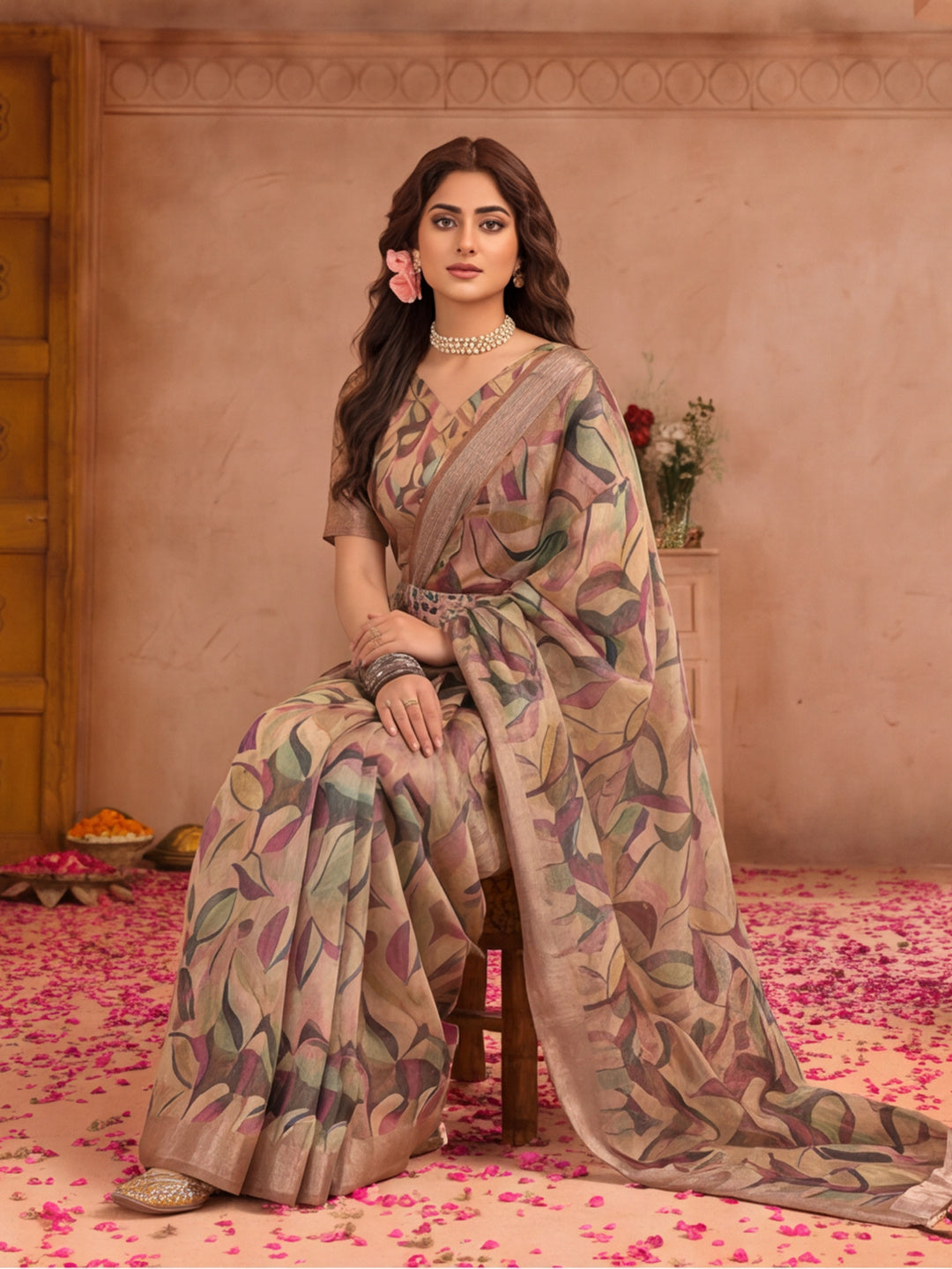 Beige Leaf Print Linen Zari Saree with Belt Fancy Digital Print Zari Border Festive Casual Saree