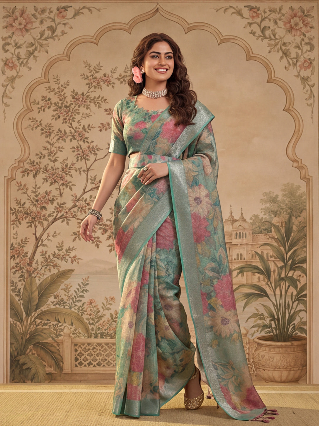 Mint Green Floral Print Linen Zari Saree with Belt Digital Print Zari Border Designer Saree