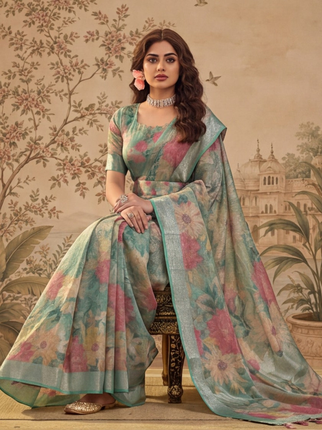 Mint Green Floral Print Linen Zari Saree with Belt Digital Print Zari Border Designer Saree