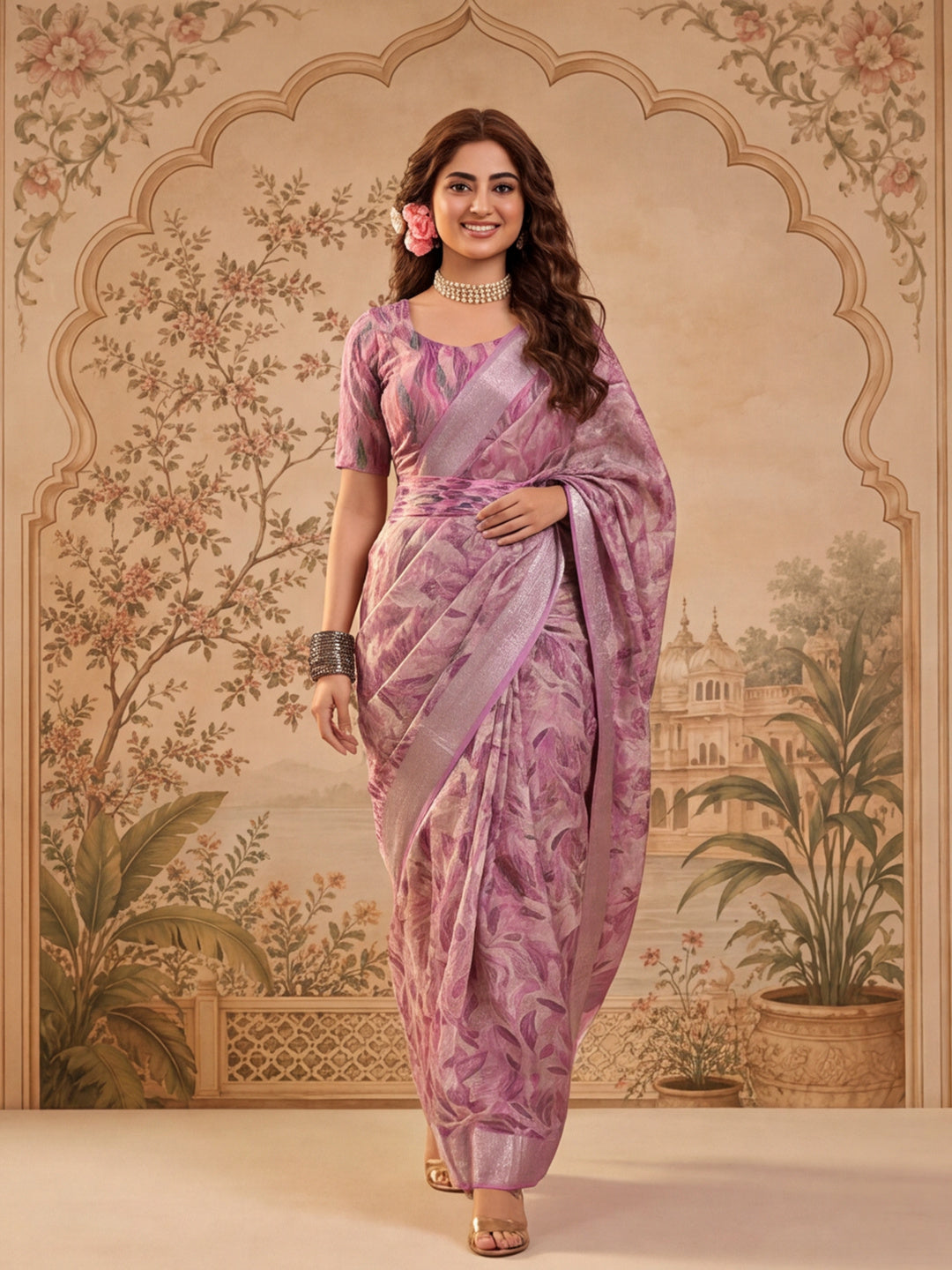Lavender Floral Print Linen Zari Saree with Belt Digital Print Zari Border Designer Saree