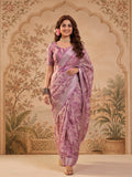 Lavender Floral Print Linen Zari Saree with Belt Digital Print Zari Border Designer Saree