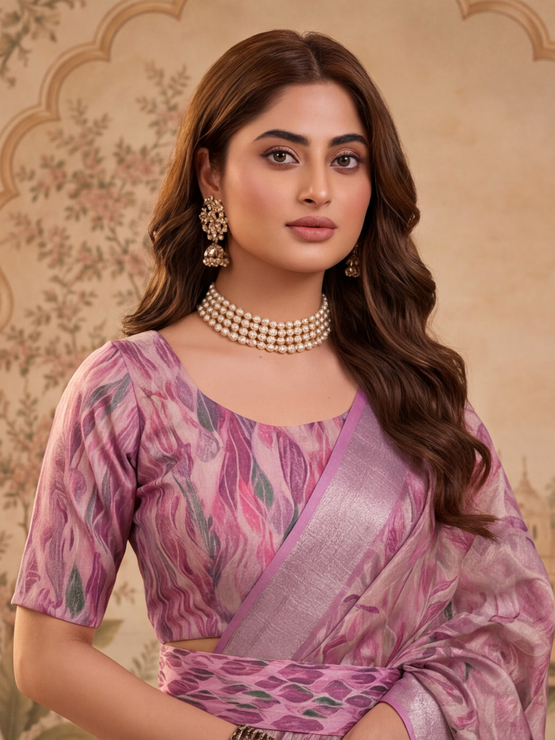 Lavender Floral Print Linen Zari Saree with Belt Digital Print Zari Border Designer Saree