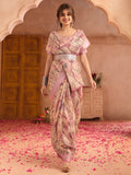 Beige Pink Floral Print Linen Zari Saree with Belt Digital Print Zari Border Festive Party Saree
