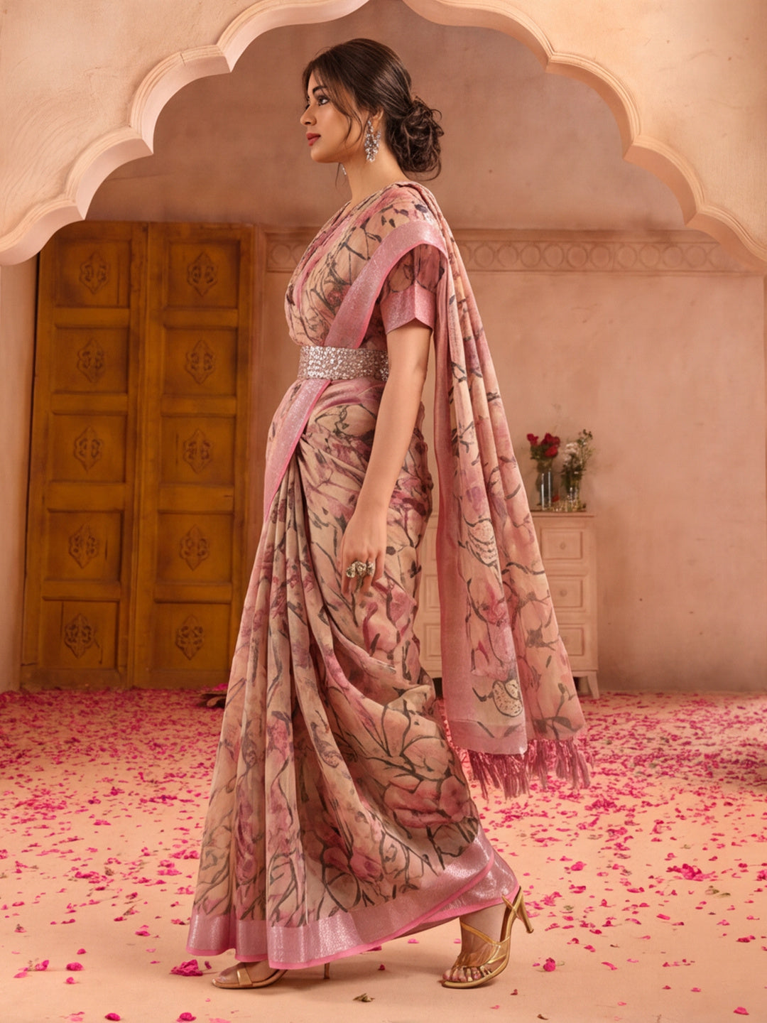 Beige Pink Floral Print Linen Zari Saree with Belt Digital Print Zari Border Festive Party Saree