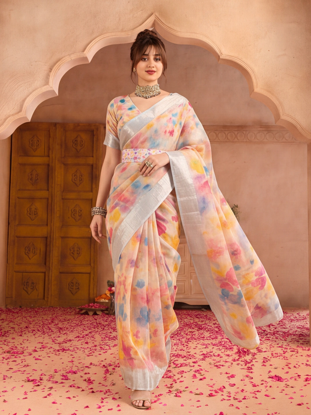 Multicolor Butterfly Print Linen Zari Saree with Belt Digital Print Zari Border Party Wear Saree