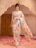 Multicolor Butterfly Print Linen Zari Saree with Belt Digital Print Zari Border Party Wear Saree