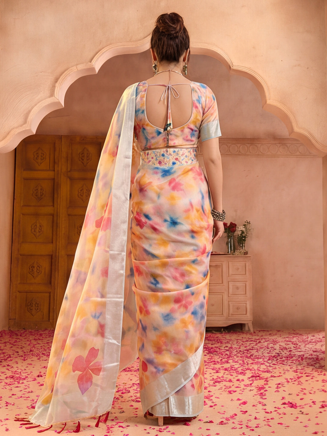 Multicolor Butterfly Print Linen Zari Saree with Belt Digital Print Zari Border Party Wear Saree