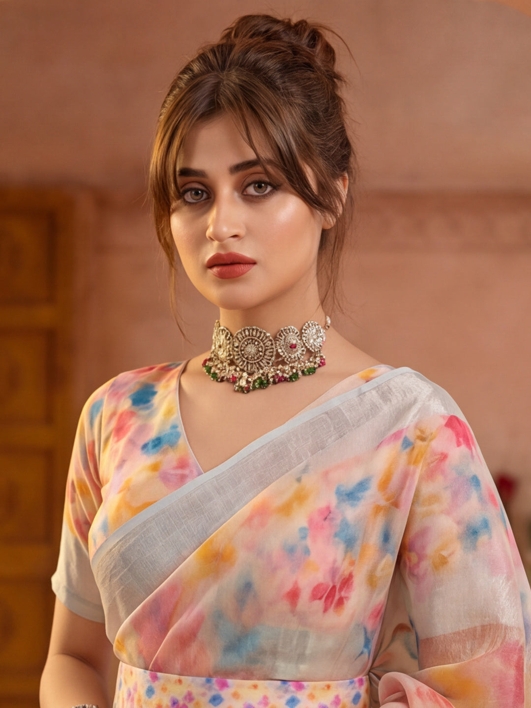 Multicolor Butterfly Print Linen Zari Saree with Belt Digital Print Zari Border Party Wear Saree