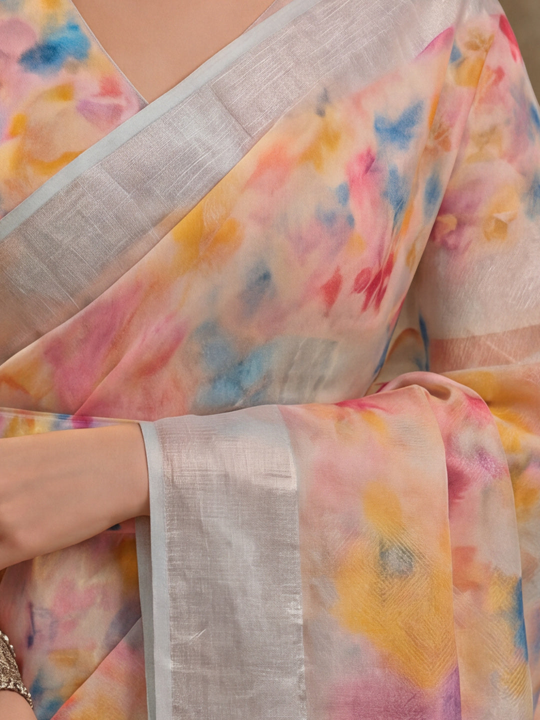 Multicolor Butterfly Print Linen Zari Saree with Belt Digital Print Zari Border Party Wear Saree