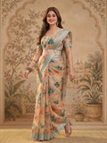 Beige Floral Digital Print Linen Zari Saree with Belt Zari Border Lightweight Festive Saree